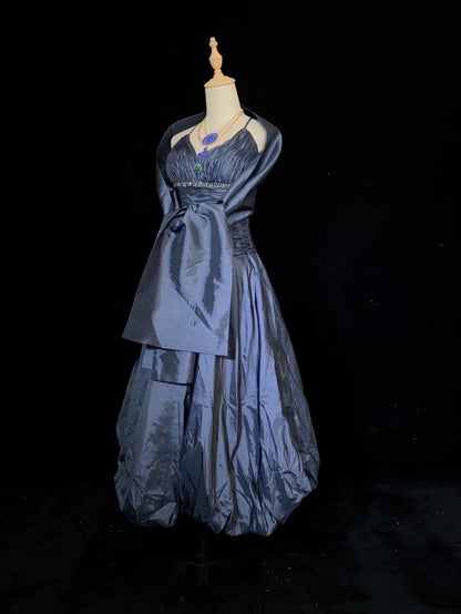 Timeless Prom Dresses Ball Gown Halter Navy Blue Taffeta With Beading Cape Evening Outfits N3287