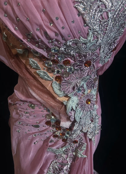 Vintage Prom Dresses Mermaid Pink Chiffon With Beading Applique 1970s Long Formal Gown N2620