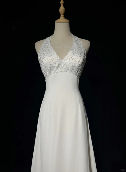 Chic A line Halter White Satin Wedding Bridal Gown Long Wedding Dresses RB5127
