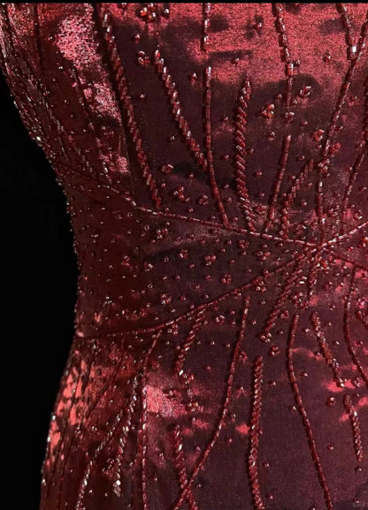 Vintage Prom Dresses A line Square Burgundy With Sparkles Beaded 80s Evening Formal Dress RB3278