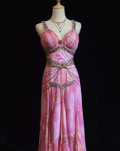Vintage Prom Dresses Inspo A line High Low Pink Chiffon With Beads 80s Long Formal Gown N2734