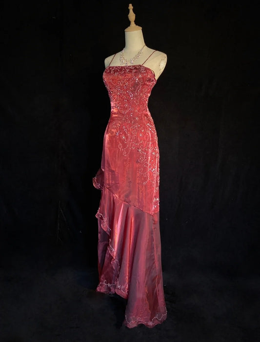Vintage Prom Dresses Inspo A line Spaghetti Strap Burgundy Organza With Ruffled Beaded For Women Formal Dress N3247
