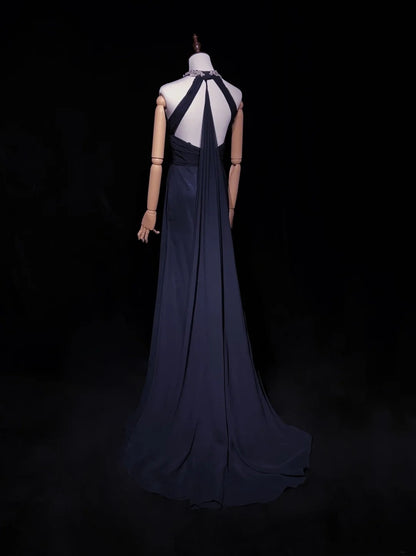 Vintage Prom Dresses A line Halter Navy Blue Chiffon With Beading 1970s Long Formal Gown N2615
