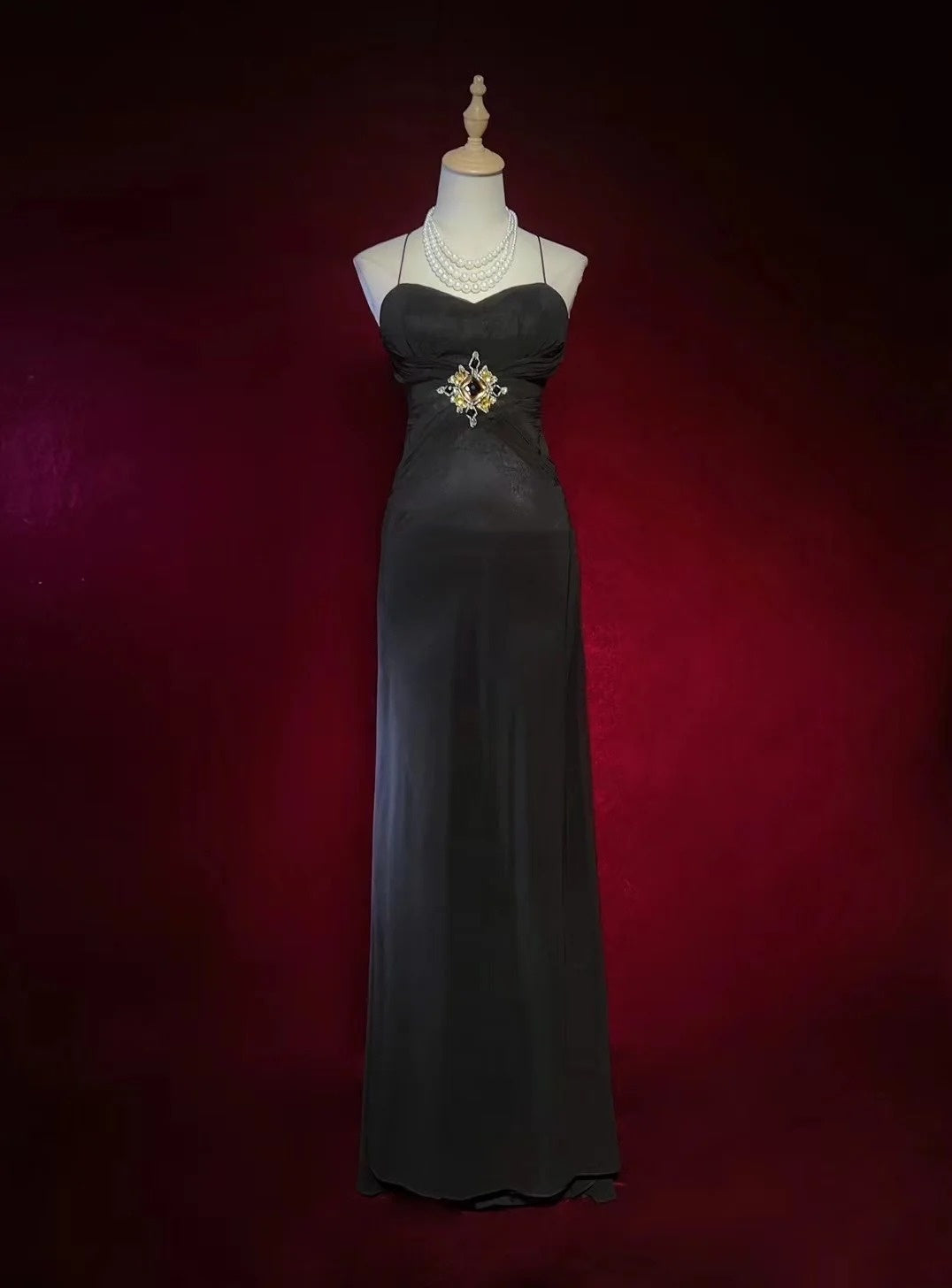 Vintage Prom Dresses A Line Spaghetti Strap Black Tie Dress With Beads 80s Long Formal Gown N2730