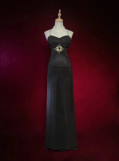 Vintage Prom Dresses A Line Spaghetti Strap Black Tie Dress With Beads 80s Long Formal Gown N2730