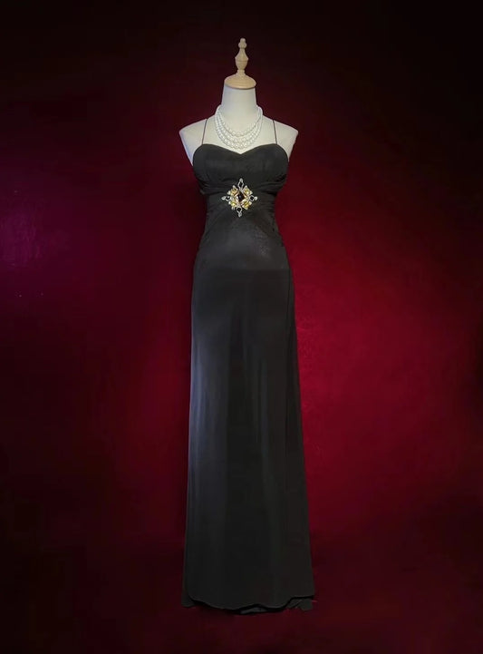 Vintage Prom Dresses A Line Spaghetti Strap Black Tie Dress With Beads 80s Long Formal Gown N2730
