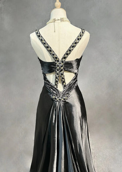 Vintage Prom Dresses Mermaid Halter 90s Satin With Beading Long Black Tie Formal Party Dress N2504