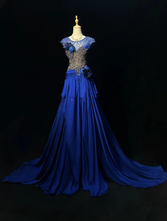 Classy Prom Dresses A Line Scoop Royal blue Chiffon Lace With Beading Long Formal Gown N2916