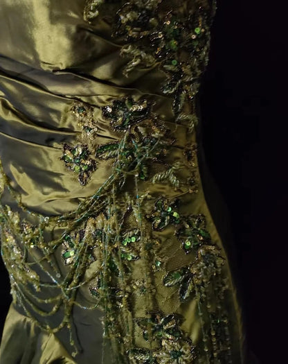 Vintage Classy Prom Dresses Mermaid Spaghetti Strap Olive Green Satin With Lace Beading Evening Long Dress N3294