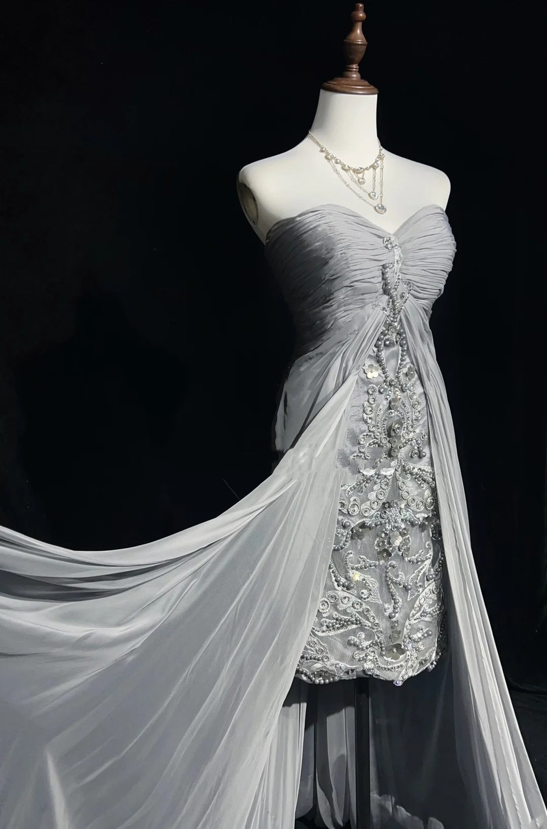 Vintage 90s Prom Dresses Sheath Sweetheart High Low Silver Grey Chiffon Long Prom Gown N3020
