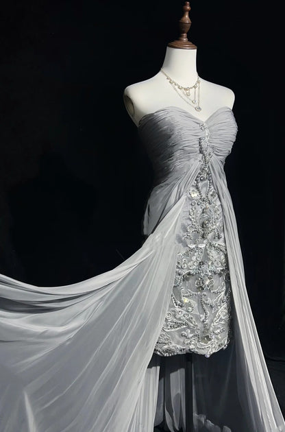 Vintage 90s Prom Dresses Sheath Sweetheart High Low Silver Grey Chiffon Long Prom Gown N3020