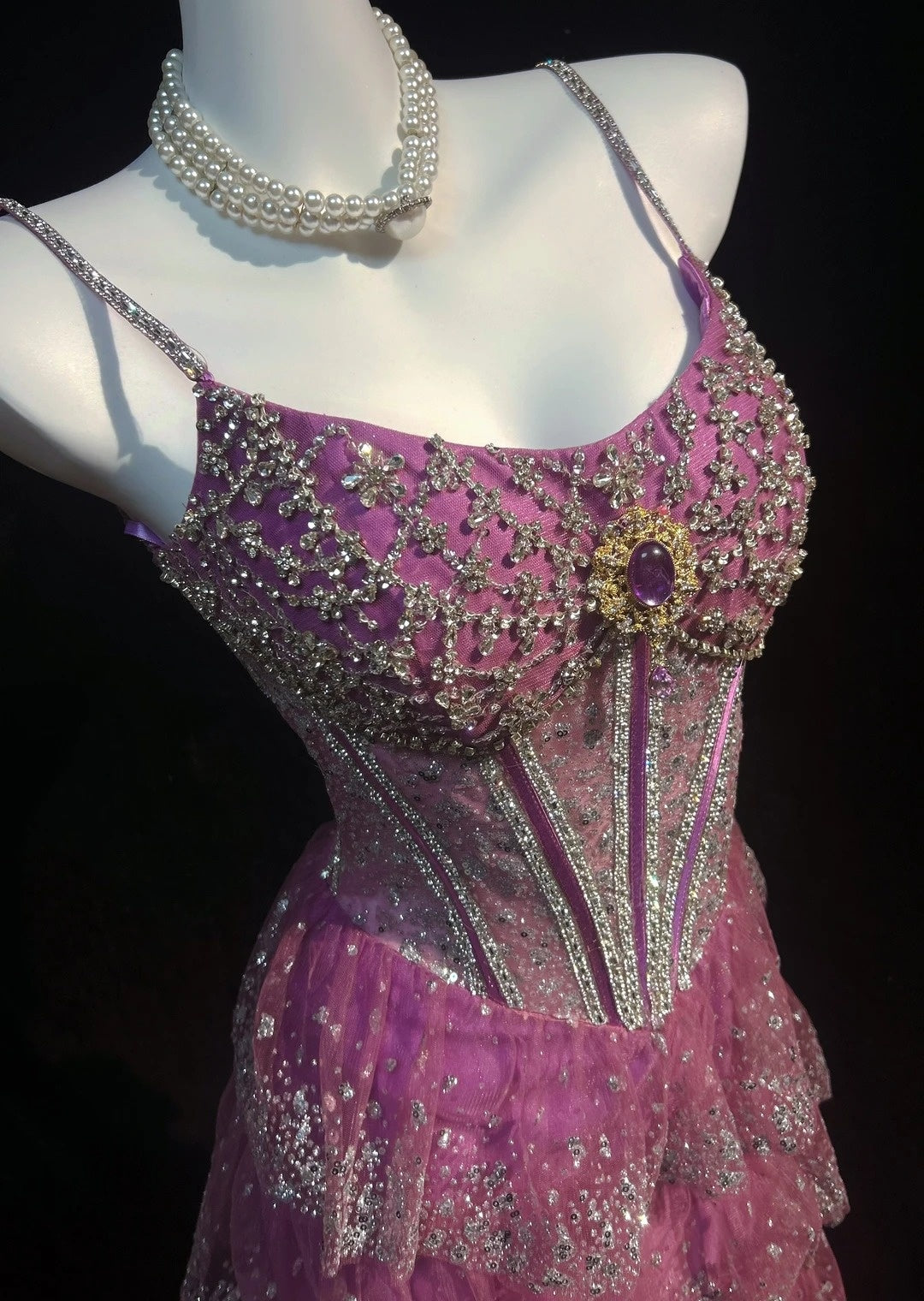 Vintage Prom Dresses A line Spaghetti Strap Pink Lace 80s With Tiered Layers Long Formal Evening Outfits N4207