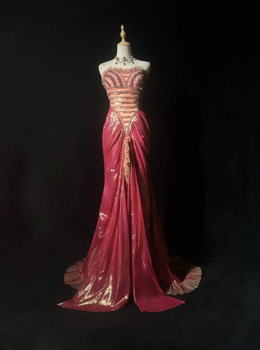 Glamorous Prom Dresses Mermaid Sweetheart Pink With Beaded Sleeveless Formal Dress N2871