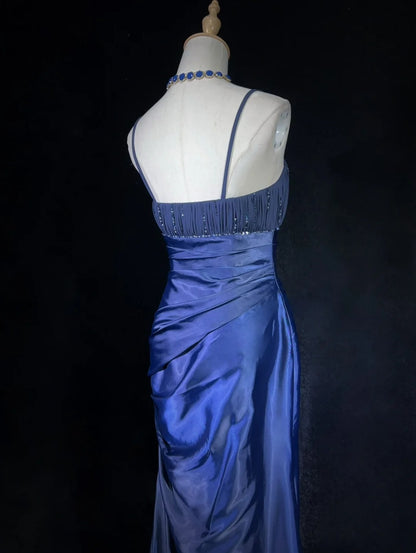 Elegant Prom Dresses Mermaid Spaghetti Strap Navy Blue With Cape Sleeveless Long Formal Gown N2880