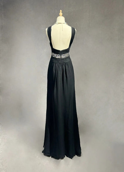 Modest Prom Dresses A Line Halter Black Chiffon Backless Floor Length Formal Evening Outfits N3484