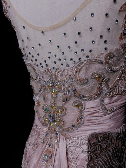 Vintage Prom Dresses 1960s Mermaid V Neck Pink Lace With Appliqued Beaded Long Prom Gown N3107