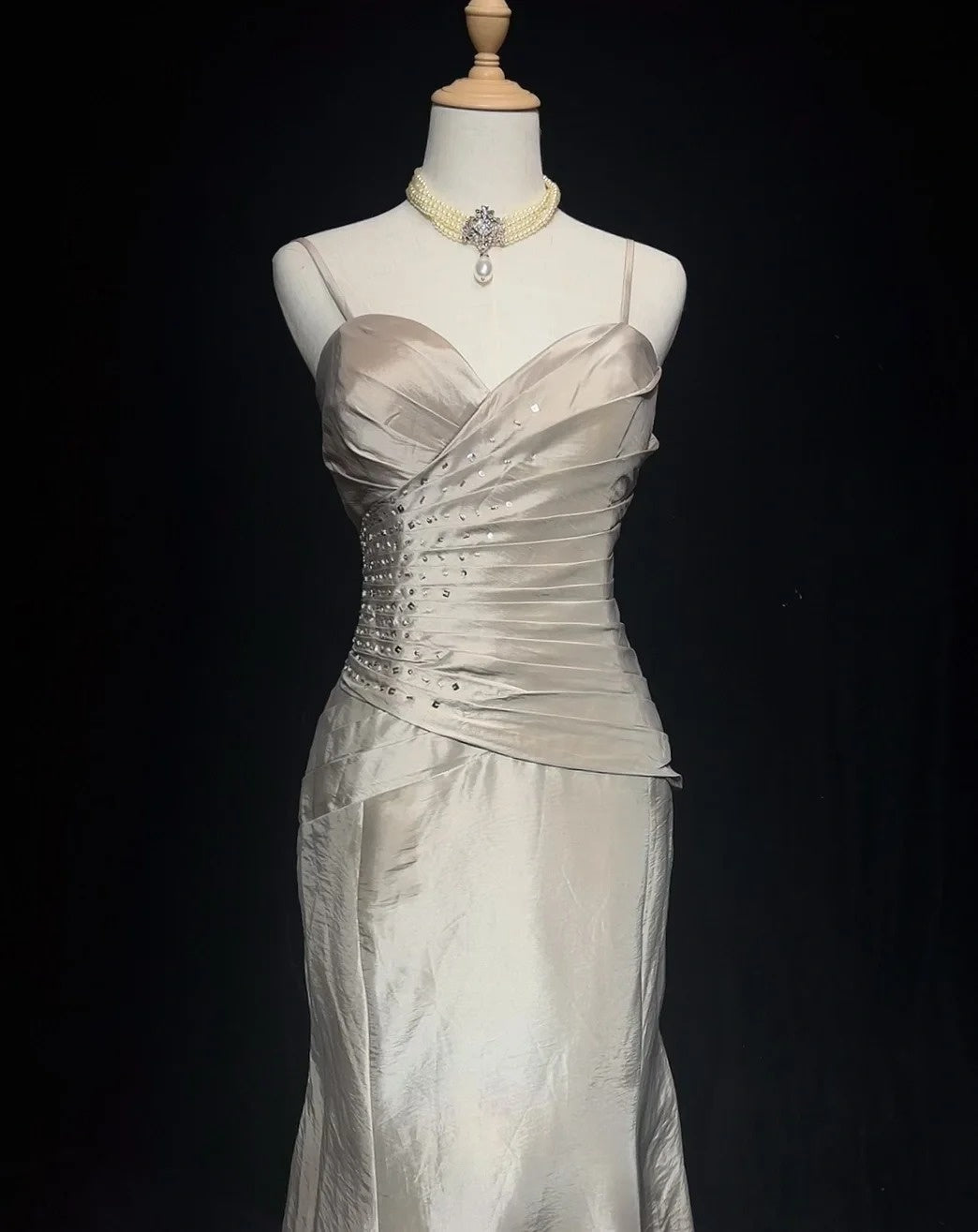 Vintage Prom Dresses Mermaid Spaghetti Strap Silver Taffeta With Beading 90s Long Formal Gown N2892