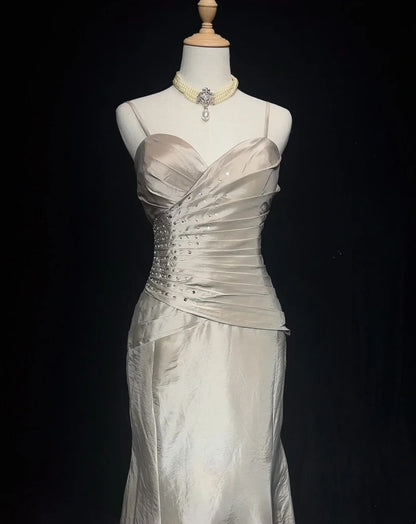 Vintage Prom Dresses Mermaid Spaghetti Strap Silver Taffeta With Beading 90s Long Formal Gown N2892