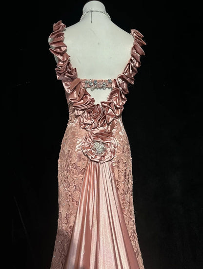 Vintage Prom Dresses Mermaid V Neck Pink Lace With 3d Flowers 1950s Long Formal Gown N2594