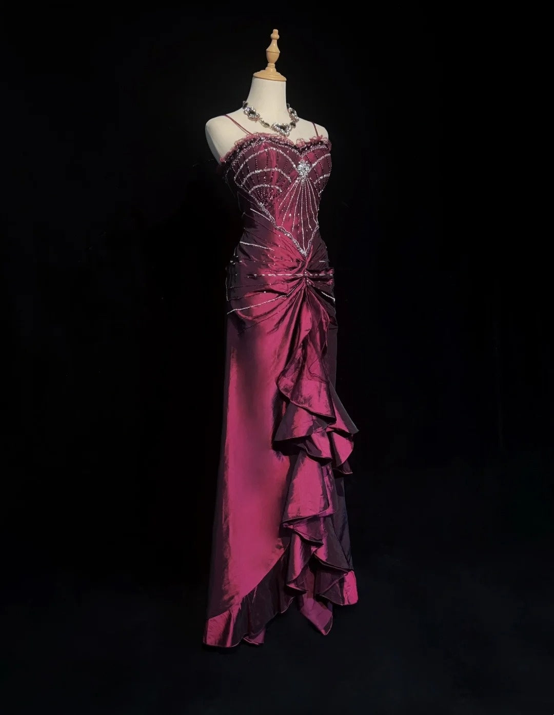 Vintage Prom Dresses Mermaid Spaghetti Strap Grape With Beading Taffeta 90s Long Formal Gown N2886