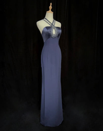Modest Prom Dresses Inspo Mermaid 90s Halter Neck Navy Blue With Beads For Women Formal Dress N3281