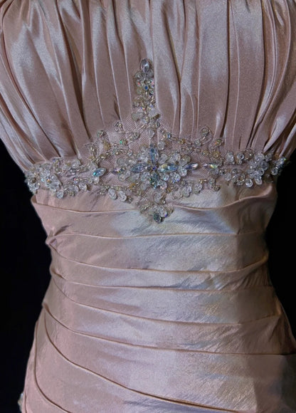 Vintage Prom Dresses Mermaid Spaghetti Strap Taffeta Light Pink With Silver Beads 1950s Long Formal Gown N2597