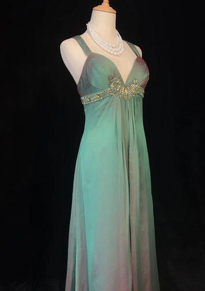 Vintage Prom Dresses A line Sweetheart With Straps Green Chiffon Sleeveless 1990s Long Formal Evening Gown N2634