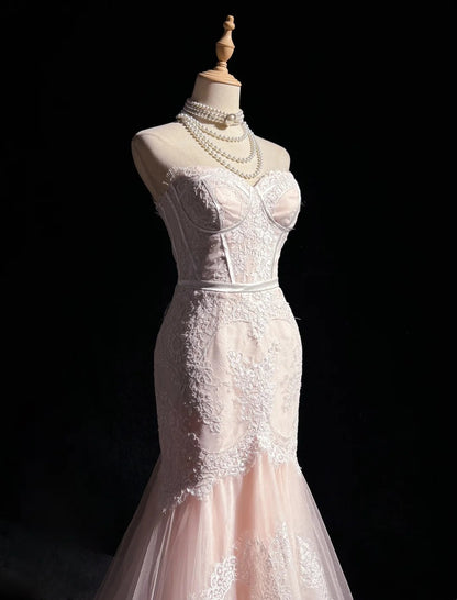Vintage Prom Dresses Mermaid Sweetheart Pink Lace With Ruffles Long Formal Dress N2498