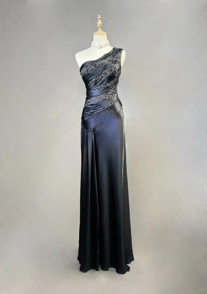 Classy Prom Dresses Mermaid One Shoulder Satin Black Tie Dress With Beaded Long Formal Evening Outfits N3704