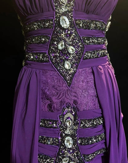 Vintage Prom Dresses A Line V Neck Purple Chiffon With Beading Folds Long Formal Dress N2460