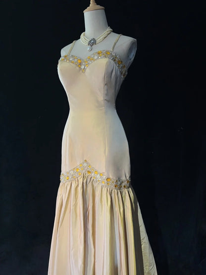 Vintage Prom Dresses Inspo Mermaid Spaghetti Strap Yellow Taffeta Long 1990s With Beading Formal Gowns N3328