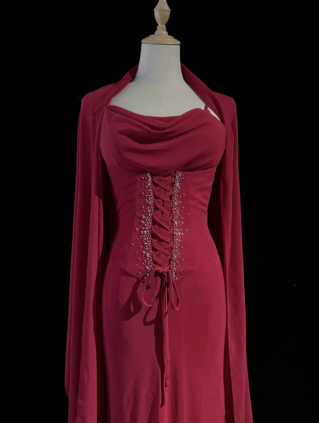 Retro Sheath Spaghetti Straps Red Irregular Tea Length Chiffon With Cape Prom Dresses Formal Party Outfits RB3953
