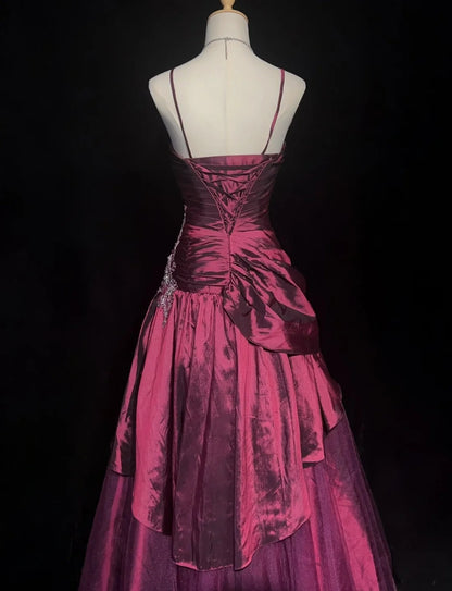 Vintage Prom Dresses Ball Gown Spaghetti Strap Fuchsia Sleeveless Taffeta 90s Long Formal Gown N2878