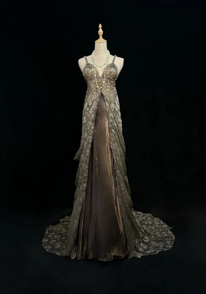 Grey Prom Dress Inspo A Line Spaghetti Straps Lace With Beading Long Formal Party Gown RC0095