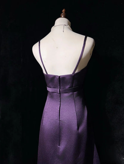 Simple Prom Dresses A Line Spaghetti Strap Grape Tea Length Formal Party Dress N2530