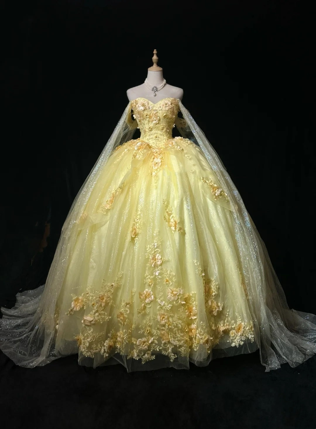 Fairy Quinceanera Dress Ball Gown Off The Shoulder Yellow Flowers Tulle With Lace Quince Dresses RC1136