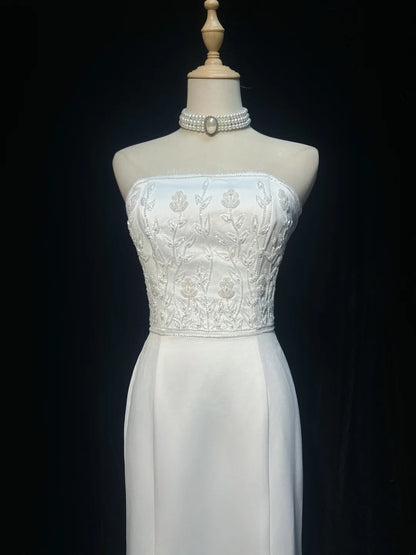 Vintage 90s Wedding Dresses Mermaid Strapless Satin White Beading Summer Garden Long Bridal Gown N3823