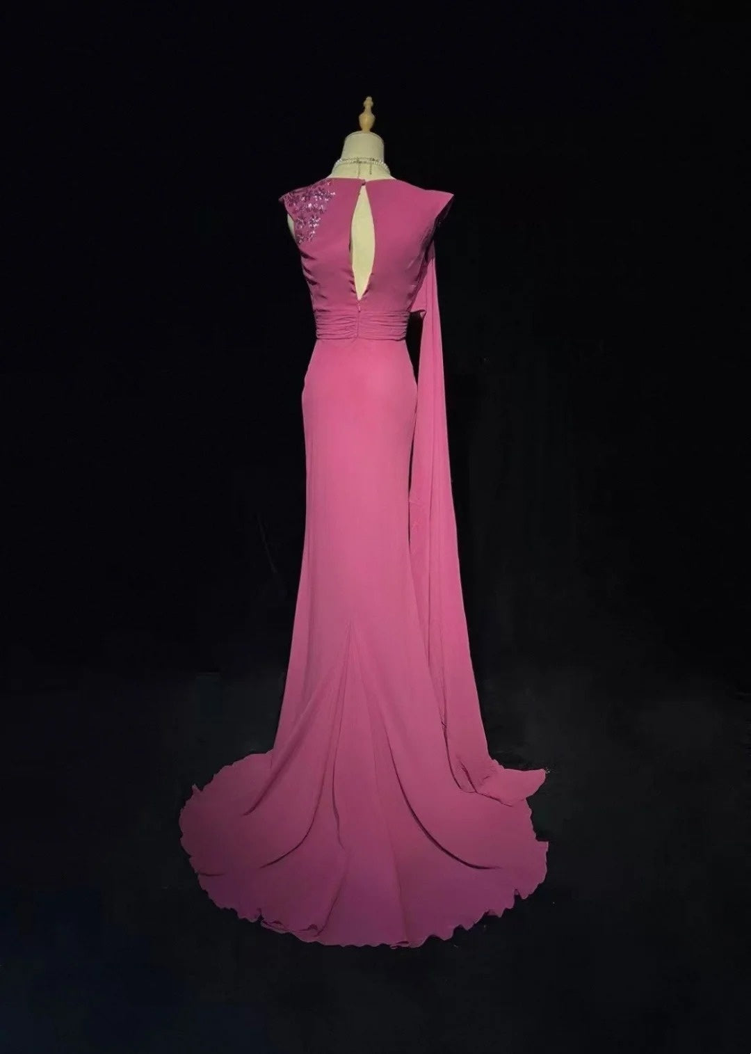 Vintage Prom Dresses Mermaid One Shoulder Hot Pink Chiffon Sleeveless 1990s Long Formal Evening Gown N2638
