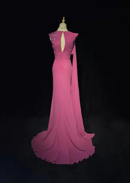 Vintage Prom Dresses Mermaid One Shoulder Hot Pink Chiffon Sleeveless 1990s Long Formal Evening Gown N2638