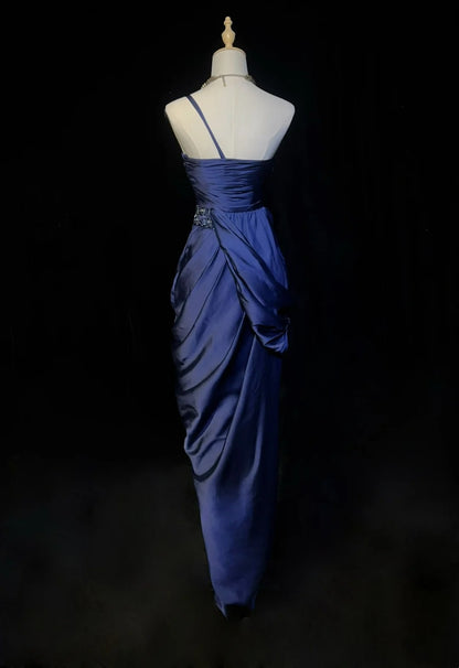 Vintage Prom Dresses Sheath Navy Blue Satin 1990s Long Formal Evening Gown N2663