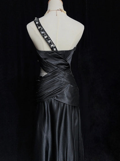Vintage Prom Dresses 80s Mermaid One Shoulder Black Tie Dress With Beading Semi Formal Evening Outfits N3636