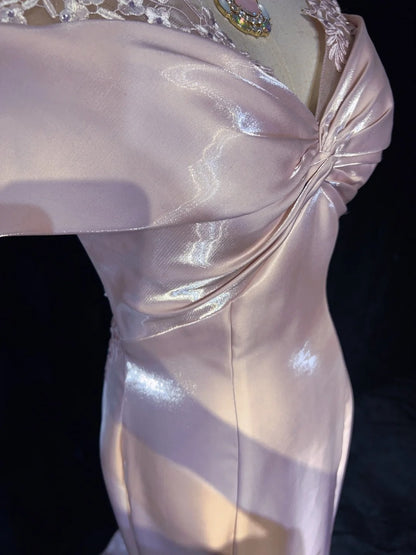 Vintage Prom Dresses Inspo Mermaid Off The Shoulder Pink Satin 80s With Lace Formal Gowns N3374