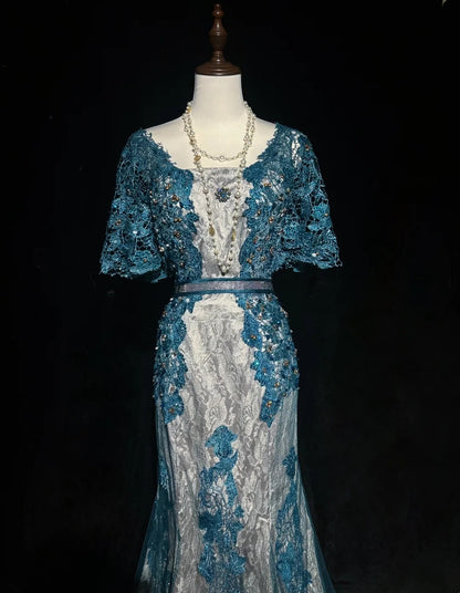 Vintage Prom Dresses Inspo Mermaid Lace Blue Tulle Lace 80s With Appliqued Formal Gowns N3366