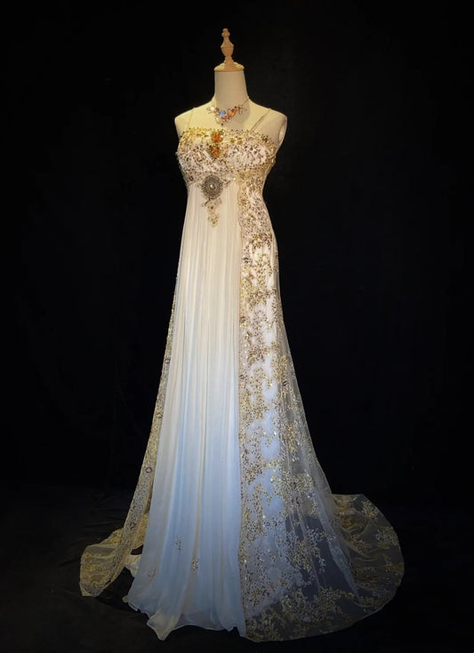 Vintage 90s Prom Dresses A Line Spaghetti Strap White Chiffon With Gold Lace Formal Evening Outfits N3849