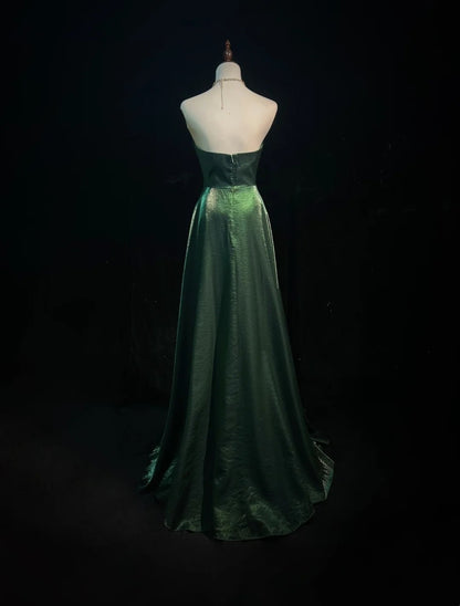 Vintage Prom Dresses A line Sweetheart Dark Green Satin 1990s Formal Evening Gown N2656