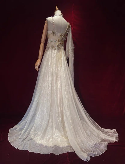 Beautiful Prom Dresses A line Straps Light Champagne Chiffon With Cape Long Evening Outfits N3439