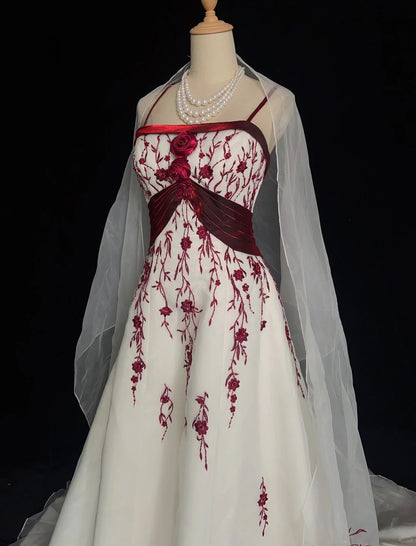 Unique Wedding Dresses A line Spaghetti Strap Burgundy Embroidery White Beach Summer With Cape Boho Long Bridal Gown N3308