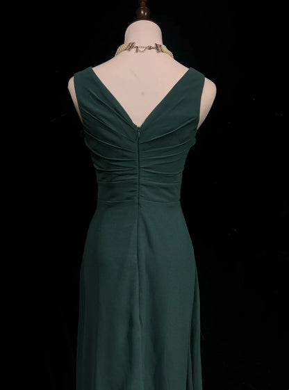 Simple Prom Dresses A line V Neck Dark Green Chiffon Floor Length Ruffled Formal Evening Dress N3686