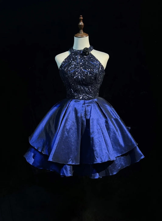 Modest Ball Gown High Neck Navy Blue Satin Sequin Ideas For Women Short Birthday Dresses Mini Homecoming Outfits N3272