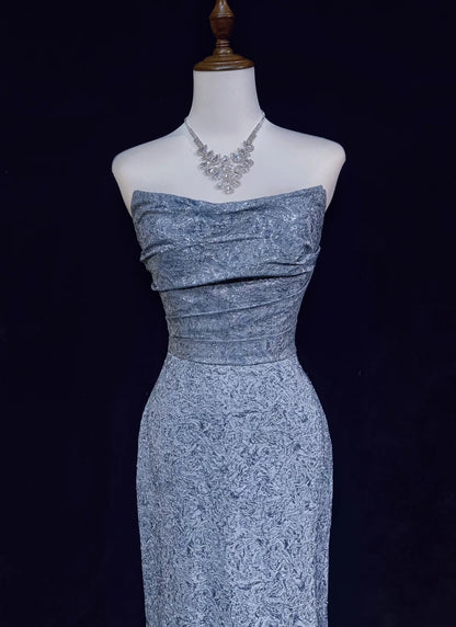 Vintage Prom Dresses 1960s Mermaid Strapless Blue Sequined With Ruffled Long Prom Gown N3097